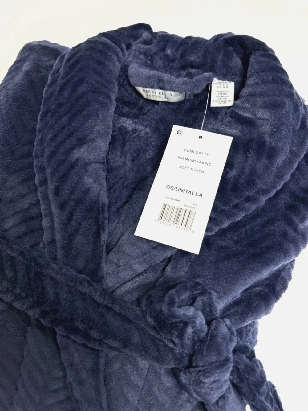 Perry Ellis Men's Herringbone Textured Soft Fleece Robe Navy Blue NEW O/S